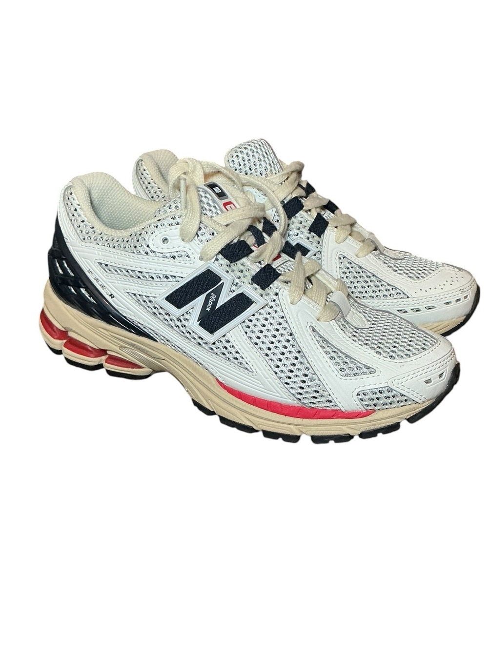New Balance Off-White Mesh Sneakers with Navy and Red Accents